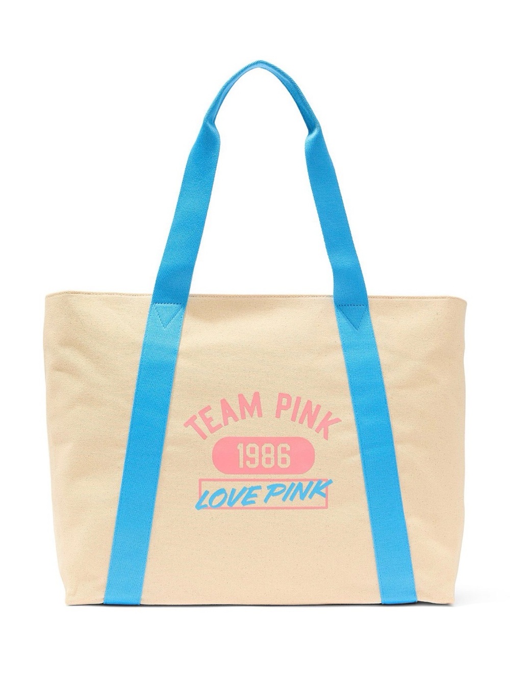 PINK Canvas Tote Bag in Cream with Blue Straps